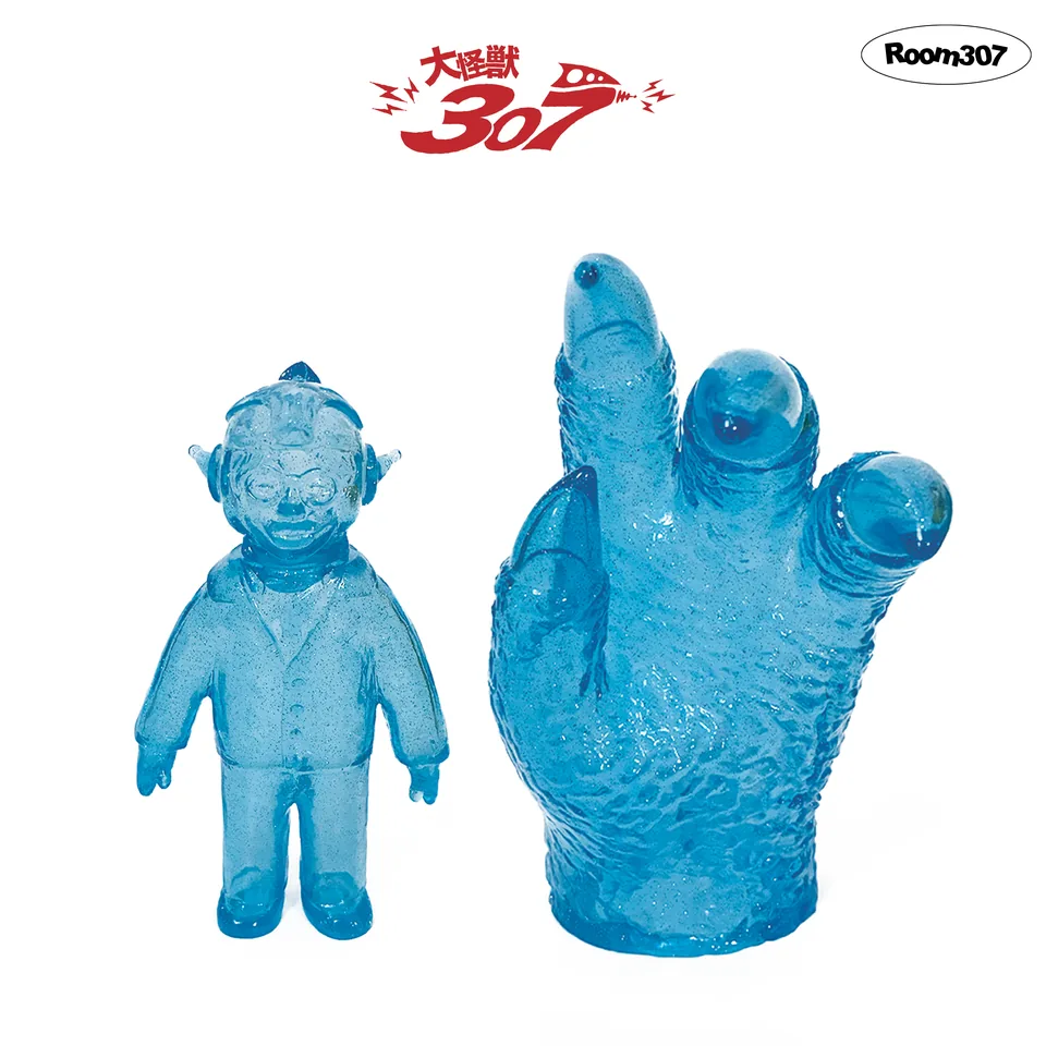Transparent blue editions of the Memory Boy and 307 Kaiju soft-vinyl figures.